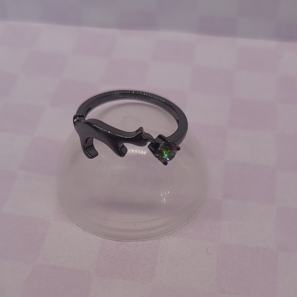 Black Cat Ring with White Iridescent Stone